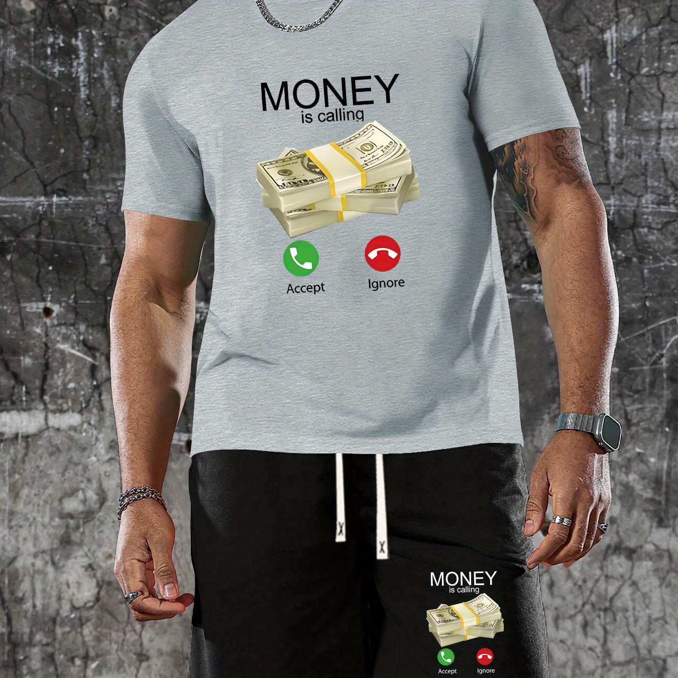 

Money Is Calling Print, Comfortable And Trendy Short Sleeve T-shirt & Simple Shorts Set For Men, Breathable And Comfy Summer Clothes, Suitable For Casual Time