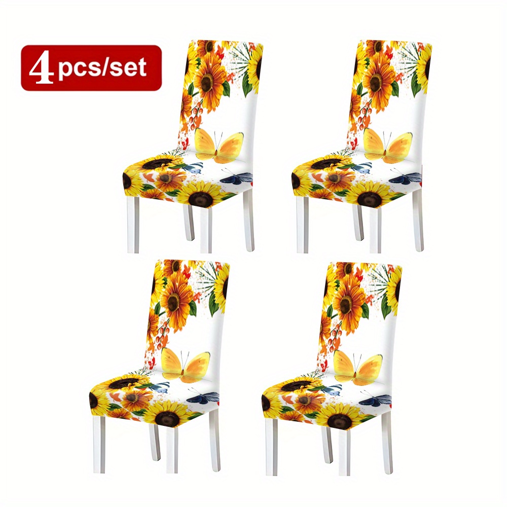 TEMU Modern Floral And Butterfly Print Chair Slipcovers - Elastic-band Stretch Polyester Chair Covers For Dining Room - Machine Washable, Non-slip Milk Fiber Fabric Chair Protectors - 2/4/6 Piece Set