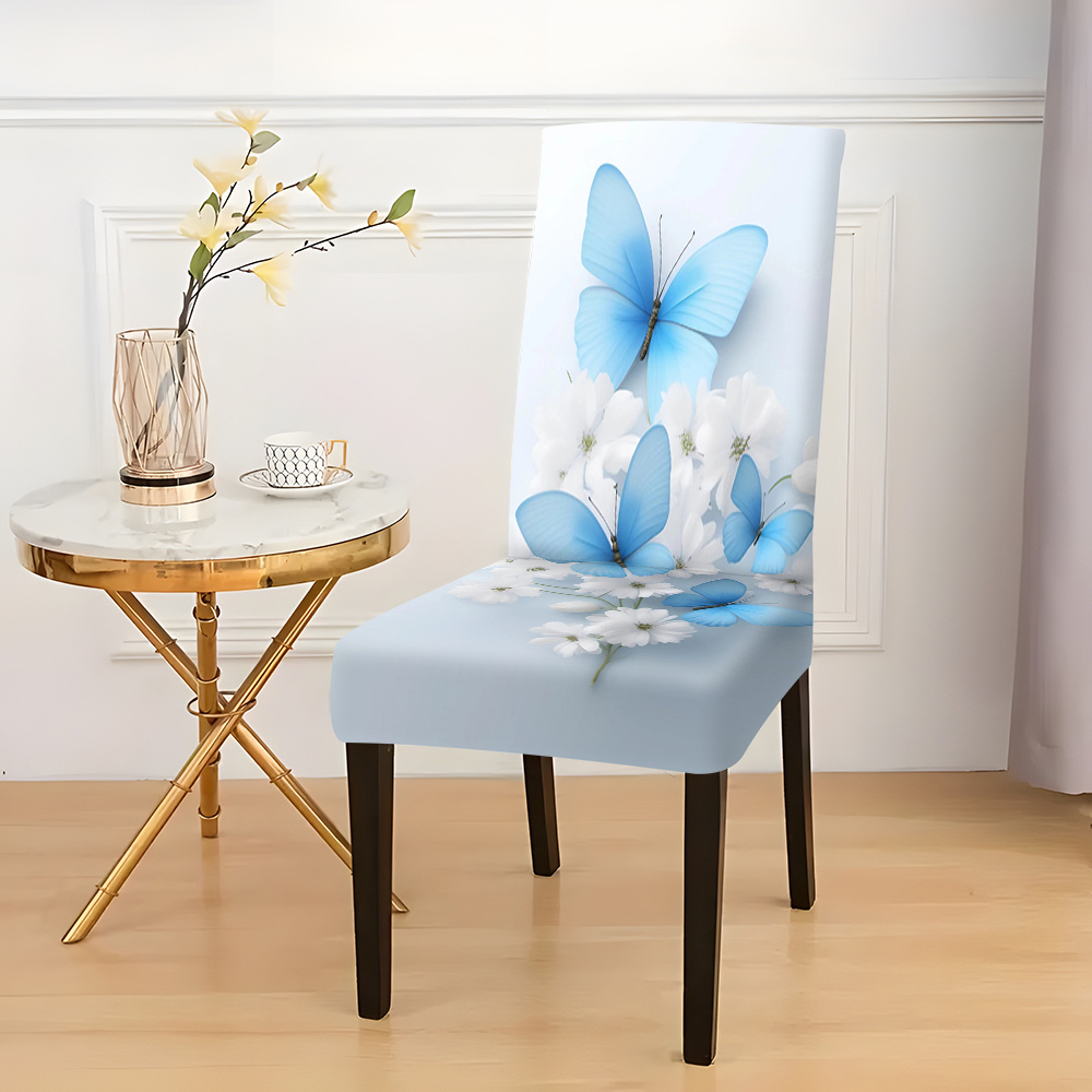 

Jit, 2/4/6pcs - Modern Chair Covers With Digital Print Of Blue Butterflies And White Flowers - Machine Washable, Elastic Fabric, And Adjustable Straps - Suitable For All Seasons