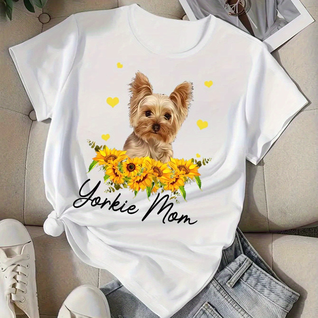 

Dog & Sunflower Print Casual T-shirt, Crew Neck Short Sleeves Comfy Tee, Women's Sports Tops