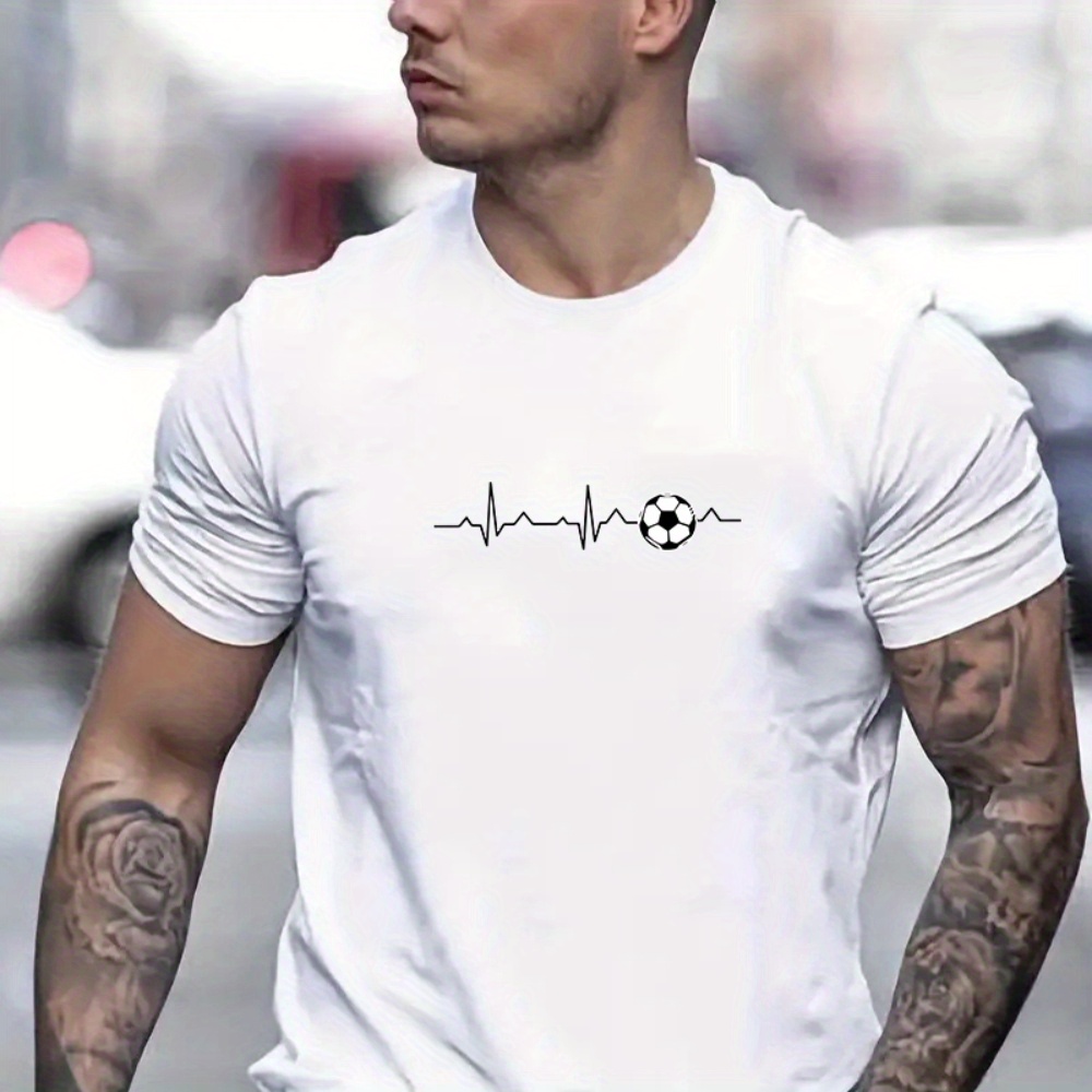 

Soccer Pattern Print, Men's Crew Neck Short Sleeve Tee Fashion Regular Fit T-shirt, Casual Comfy Breathable Top For Spring Summer Holiday Leisure Vacation Men's Clothing As Gift