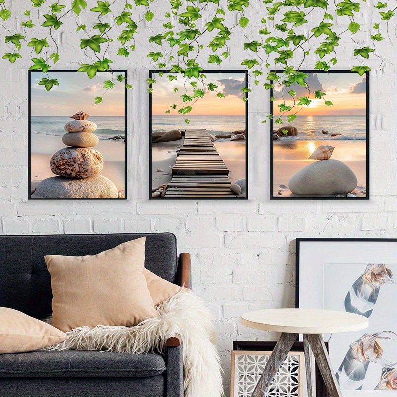 

Coastal Serenity Triptych Canvas Art Set - 3 Piece Beach And Zen Stones Wall Decor For Home And Office - Frameless Ocean Sunset Posters, 12x18 Inches Each