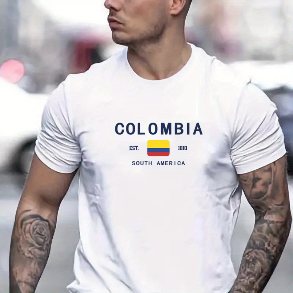 

Nation Flag & Letter Print, Men's Crew Neck Short Sleeve Tee Fashion Regular Fit T-shirt, Casual Comfy Breathable Top For Spring Summer Holiday Leisure Vacation Men's Clothing As Gift