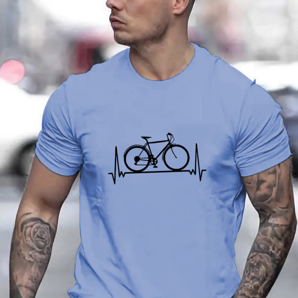 

Bike Pattern Print, Men's Crew Neck Short Sleeve Tee Fashion Regular Fit T-shirt, Casual Comfy Breathable Top For Spring Summer Holiday Leisure Vacation Men's Clothing As Gift