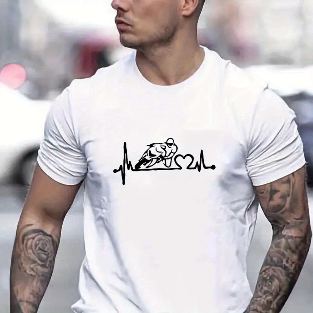 

Motorcycle Print, Men's Crew Neck Short Sleeve Tee Fashion Regular Fit T-shirt, Casual Comfy Breathable Top For Spring Summer Holiday Leisure Vacation Men's Clothing As Gift