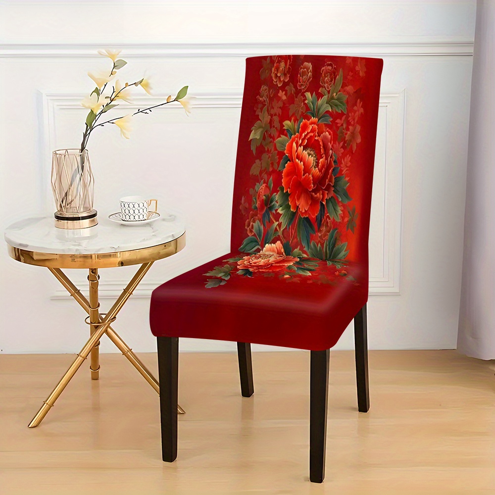 

Festive Red Floral Chair Covers For Dining Room - 2/4/6 Pieces - Machine Washable - 120-140g Milk Silk Fabric - Digital Print - Mediterranean Style