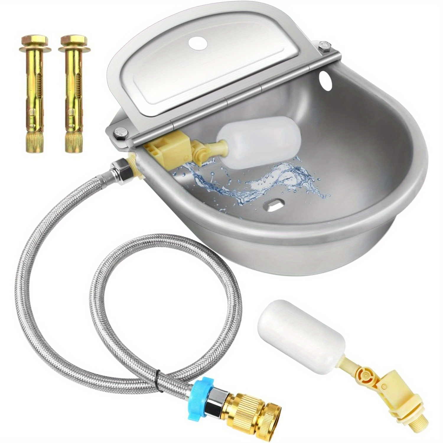 

1pc Stainless Steel Automatic Bowl With Float Valve, Livestock Drinking Feeder, Includes Water Bowl, Hose, Dual Valves, Quick Connector, And Installation Bolts