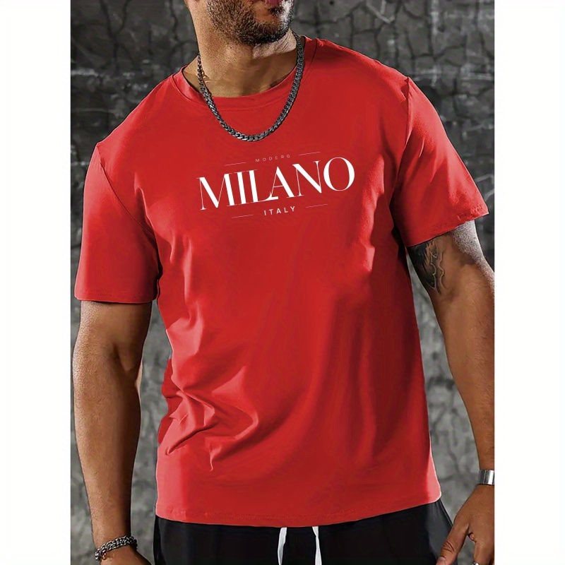 

Milano Letter Print, Men's Round Crew Neck Short Sleeve 92% Cotton Tee Fashion Regular Fit T-shirt, Casual Comfy Breathable Top For Spring Summer Holiday Leisure Vacation Men's Clothing As Gift