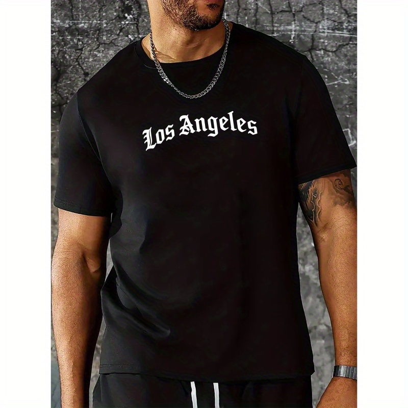 

Los Angeles Print, Men's Round Crew Neck Short Sleeve 92% Cotton Tee Fashion Regular Fit T-shirt, Casual Comfy Breathable Top For Spring Summer Holiday Leisure Vacation Men's Clothing As Gift