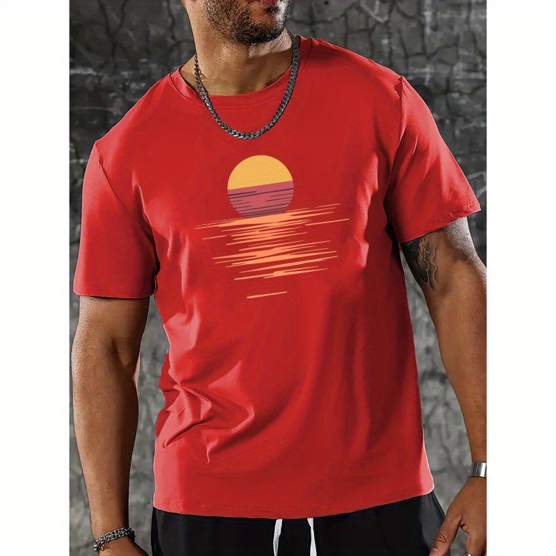 

Sunset Print, Men's 92% Cotton Round Crew Neck Short Sleeve Tee Fashion Regular Fit T-shirt, Casual Comfy Breathable Top For Spring Summer Holiday Leisure Vacation Men's Clothing As Gift