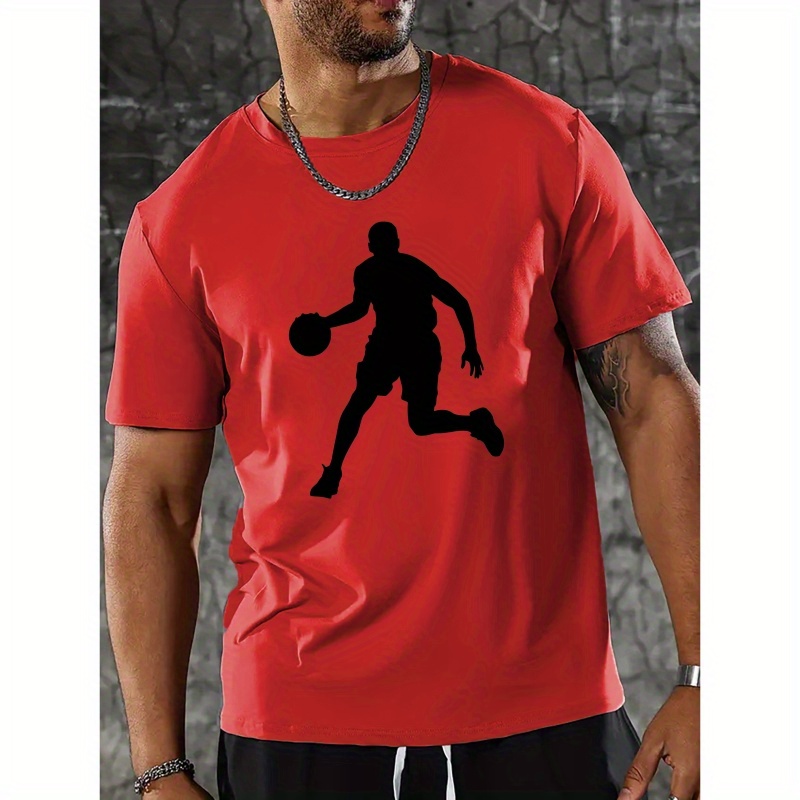 

Basketball Player Print, Men's Round Crew Neck Short Sleeve 92% Cotton Tee Fashion Regular Fit T-shirt, Casual Comfy Breathable Top For Spring Summer Holiday Leisure Vacation Men's Clothing As Gift