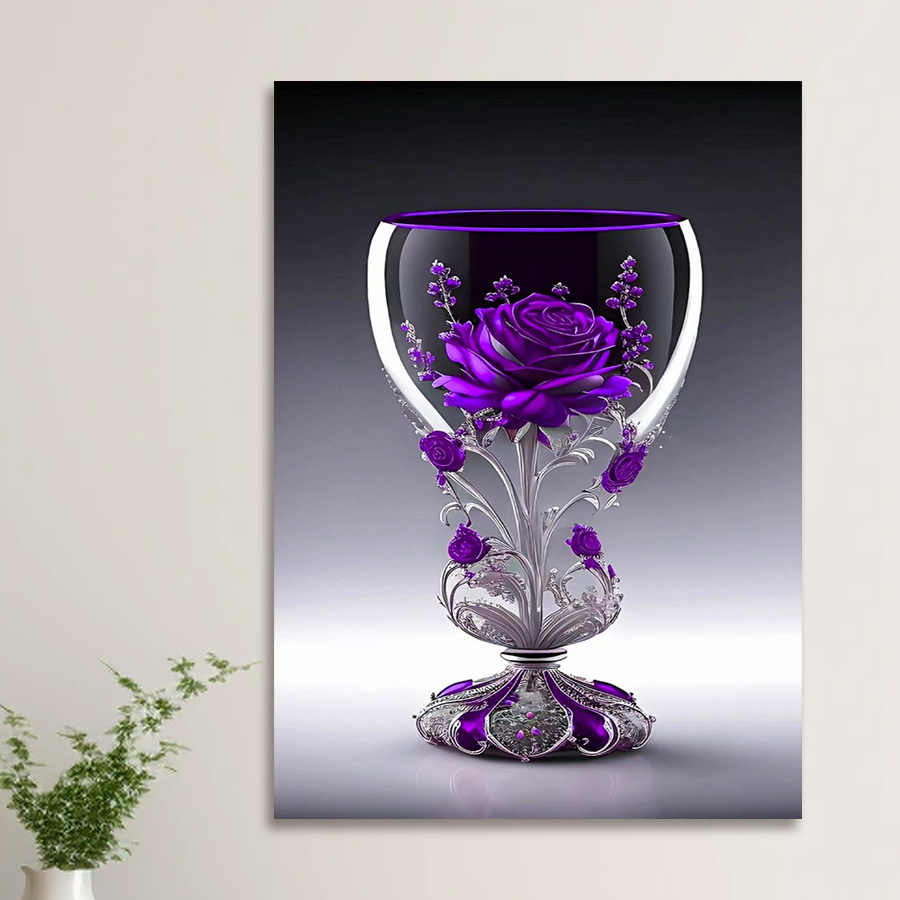 

1pc Elegant Purple Rose And Decorative Cup Canvas Print, Floral Wall Art For Living Room, Bedroom, Kitchen, Home Bar - Modern Home Decor, Ideal Gift