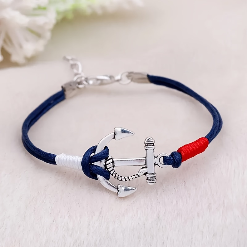 

1pc Bracelet tressé bleu Y2k avec corde rouge et blanche, bracelet décoratif de corde d'ancre de style marin, cadeau de fête pour hommes