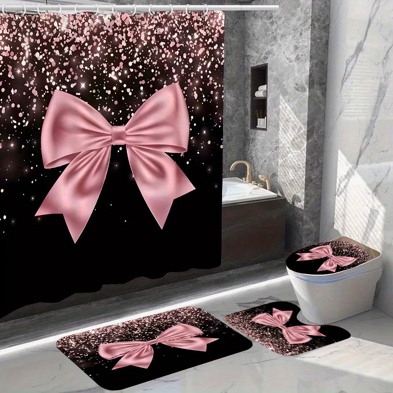 

1/4pcs Pink Bow Shower Curtain And Mats, Waterproof Shower Curtain With 12 Hooks, Non-slip Bathroom Rug, Toilet U-shape Mat, Toilet Lid Cover Pad, Bathroom Decor, Shower Curtain Sets For Bathrooms