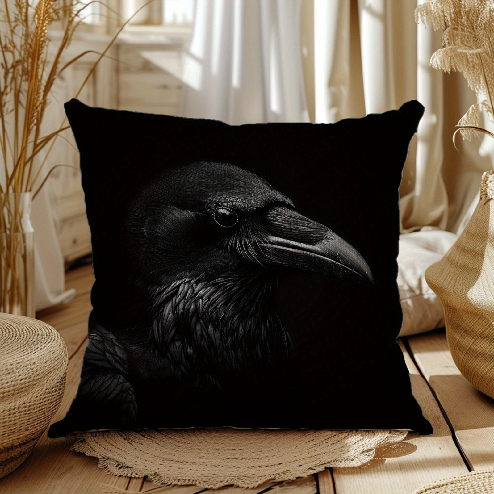 

1pc, Black Crow Decorative Outdoor Linen Throw Pillow Cover, For Living Room Bedroom Sofa And Car, No Pillow Insert, 18*18in