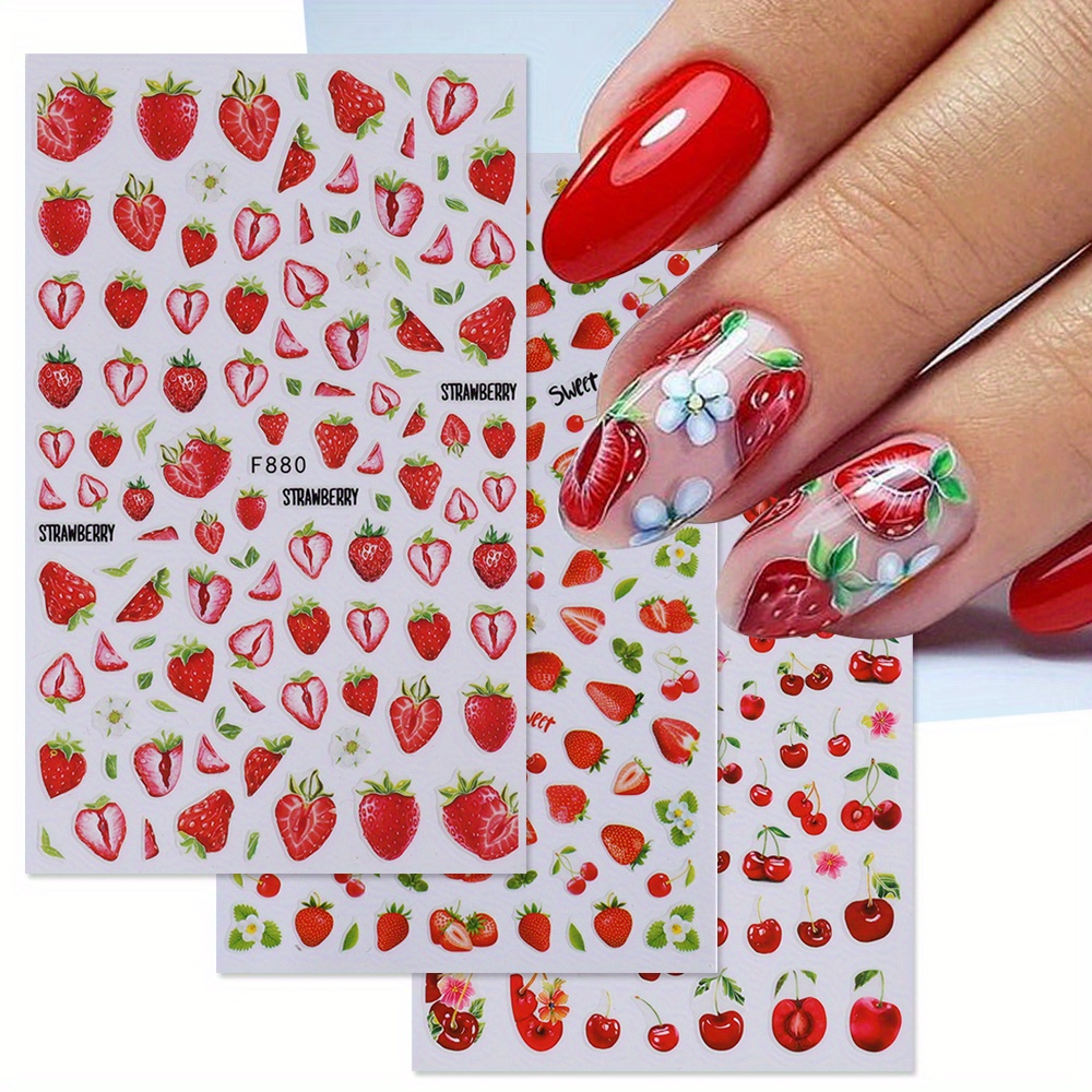 Nagelaufkleber Erdbeere & Kirsche – 5D-Design Mit Strass & Herz, 2 Blätter, Selbstklebend Für Nail Art