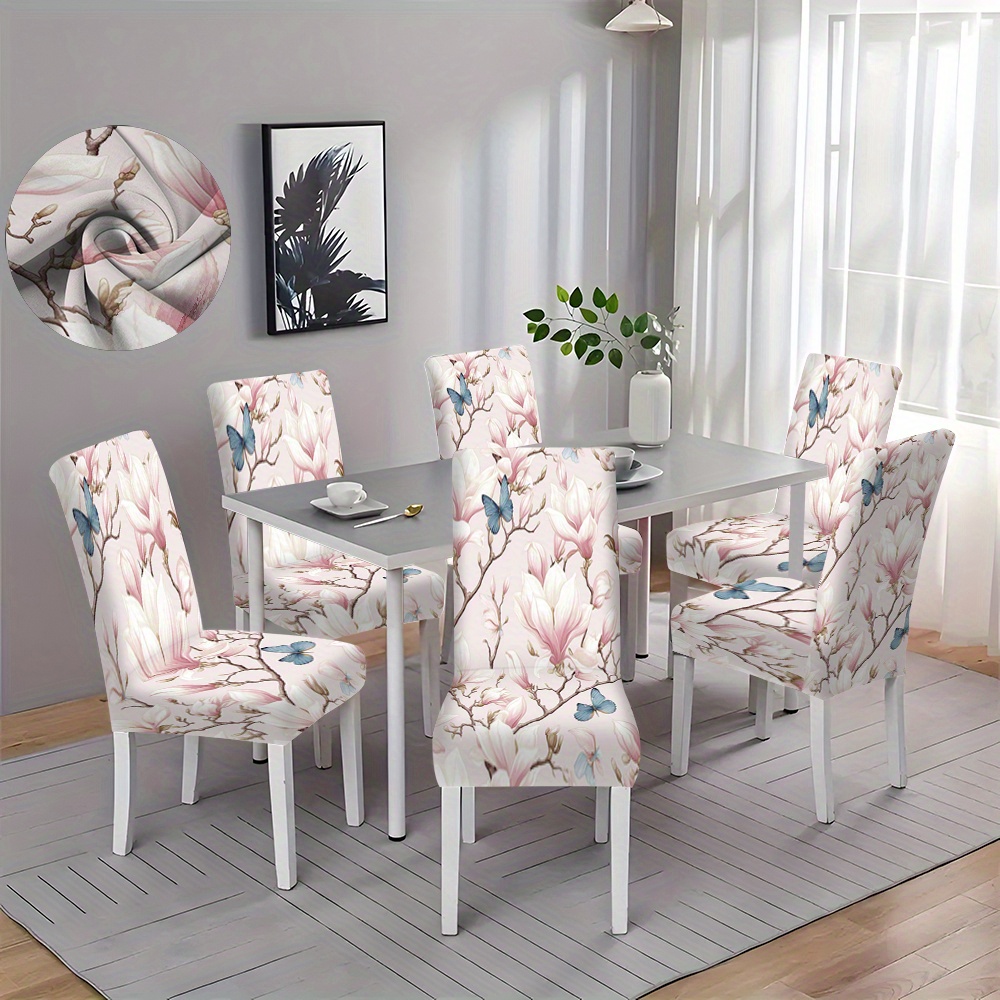 

2/4/6 Pieces Chair Covers - Modern Dining Chair Slipcovers With Digital Print In Soft Pink And Blue Butterflies On Branches - Machine Washable, Elastic Closure, 120-140g/m² Milk Silk Fabric