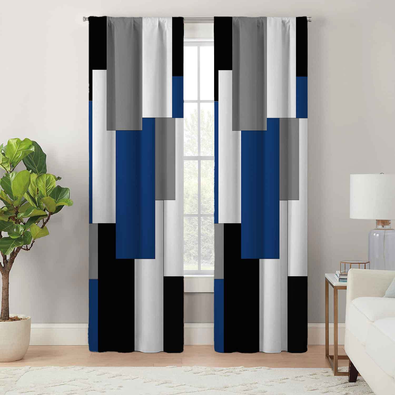 

2pcs/set Plain Blocks Print Door And Window Polyester Material Curtain, Washable And Easy To Hang Four-season Charm Decorative Curtain For Door Window Home Decoration