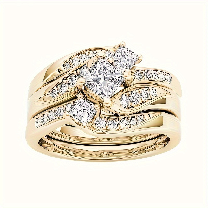 

3pcs Golden-tone Copper Ring Set With Sparkling Zirconia - Fashionable Jewelry For Women