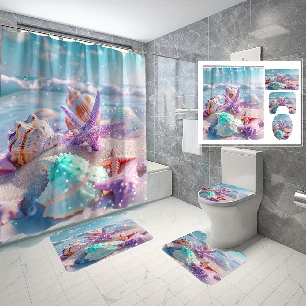 

4-piece Ocean-themed Shower Curtain Set With Hooks, 3d Cartoon Sea Life Print, Water-resistant Polyester Fabric, Machine Washable, All-season Bathroom Decor With Starfish And Shells Design
