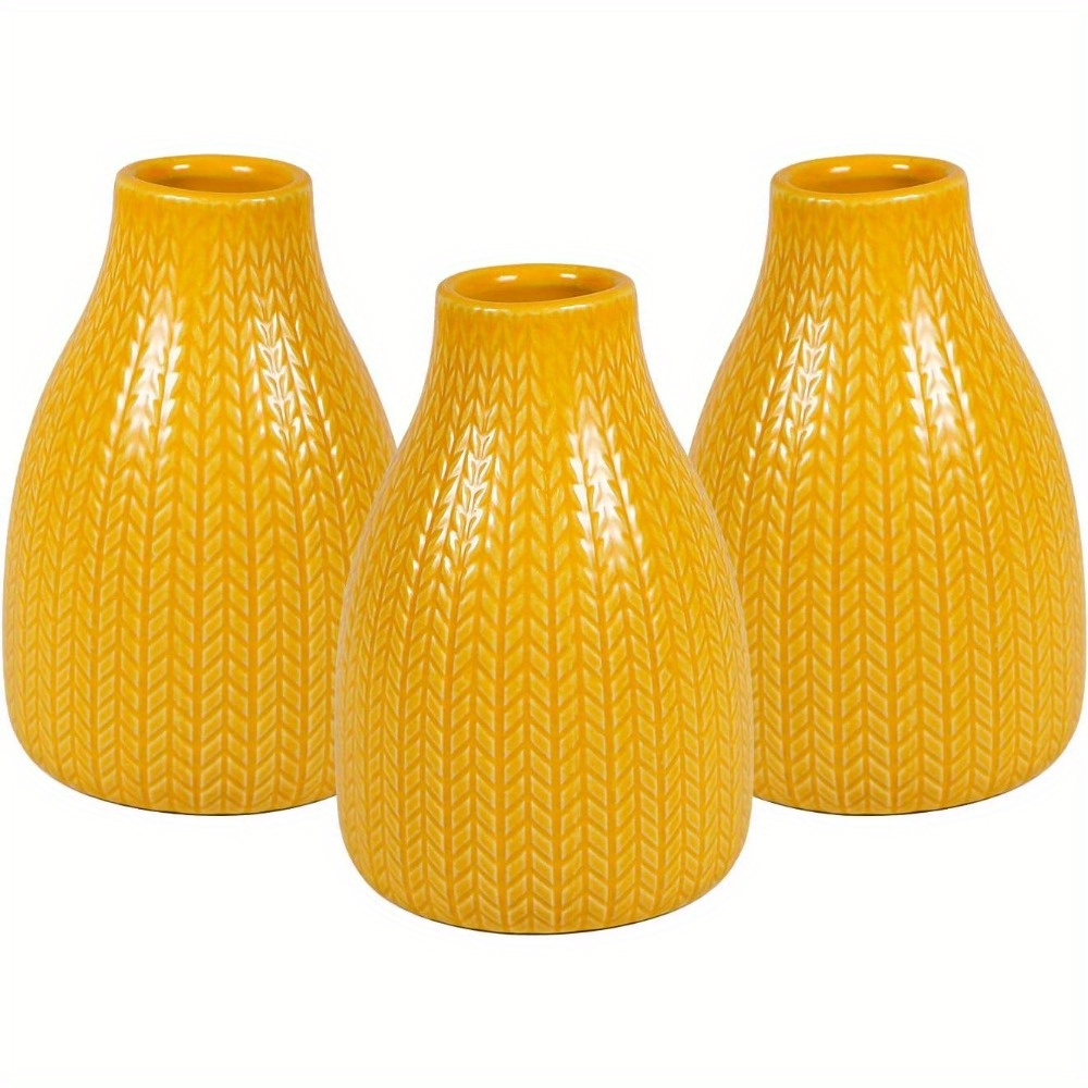 

Flower Vase Set Of 3, Decorative Ceramic Vase, Embossed Pattern Vase For Decor Home Living Room Office Parties Wedding, 3.7" Wide 5.5" Tall (yellow)