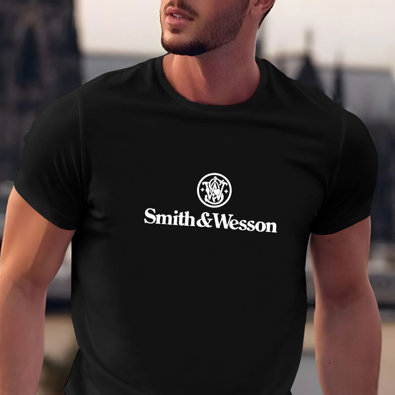 

Smith & Wesson Letter Print Men's Crew Neck Short Sleeve Tees, Casual T-shirt, Summer Trendy Comfortable Lightweight Top For Everyday Wear