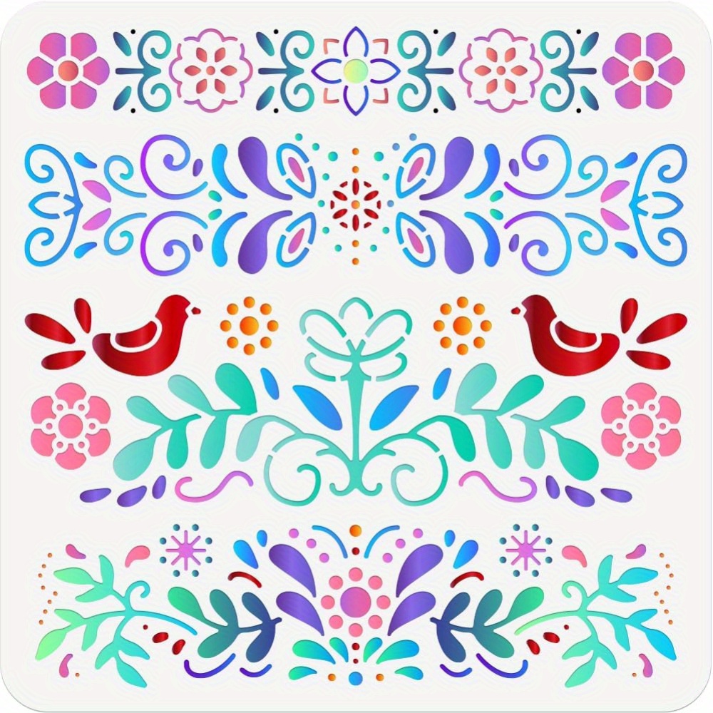 

Folk Flowers Painting Stencil Set: 11.81x11.81 Inch Reusable Diy Art And Craft Stencils For Wood, Fabric, Paper, Walls, Canvas, And Furniture