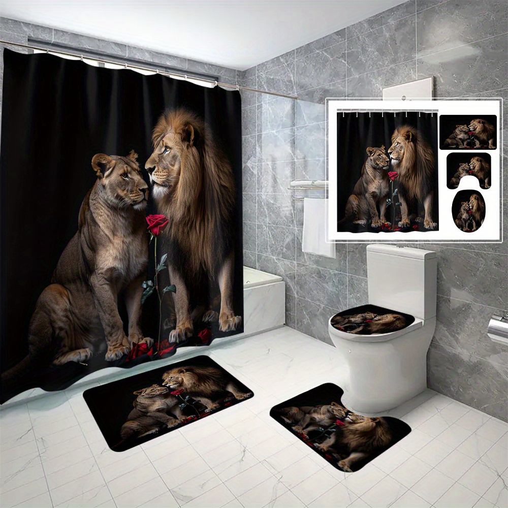 

4pcs Lion And Leopard Print Floral Bathroom Set, Digital Print Shower Curtain, 70.8x70.8 Inches, Bath Curtain With 12 C-type Hooks, Includes Toilet Cover Mat, U-shaped Rug, And Bath Mat