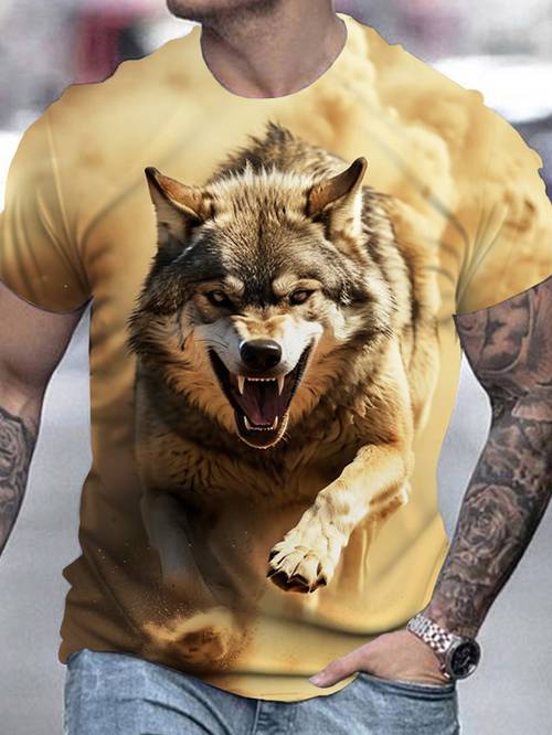 mens wolf graphic print t shirt casual short sleeve crew neck tee mens clothing for summer outdoor