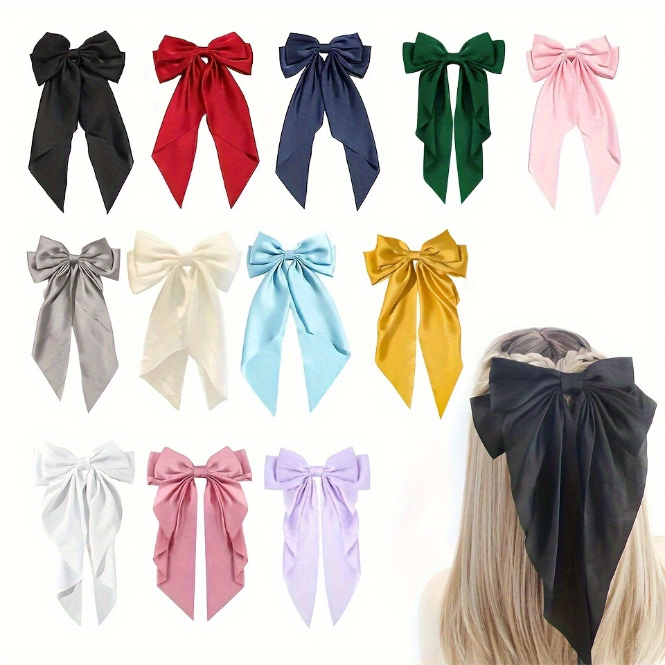 

12pcs Satin Ribbon Bowknot Hair Barrettes Set, Large French Barrette Clips With Long Tail, Vintage Oversized Satin Bow, Stylish Accessory For Party Wear Christmas Gift