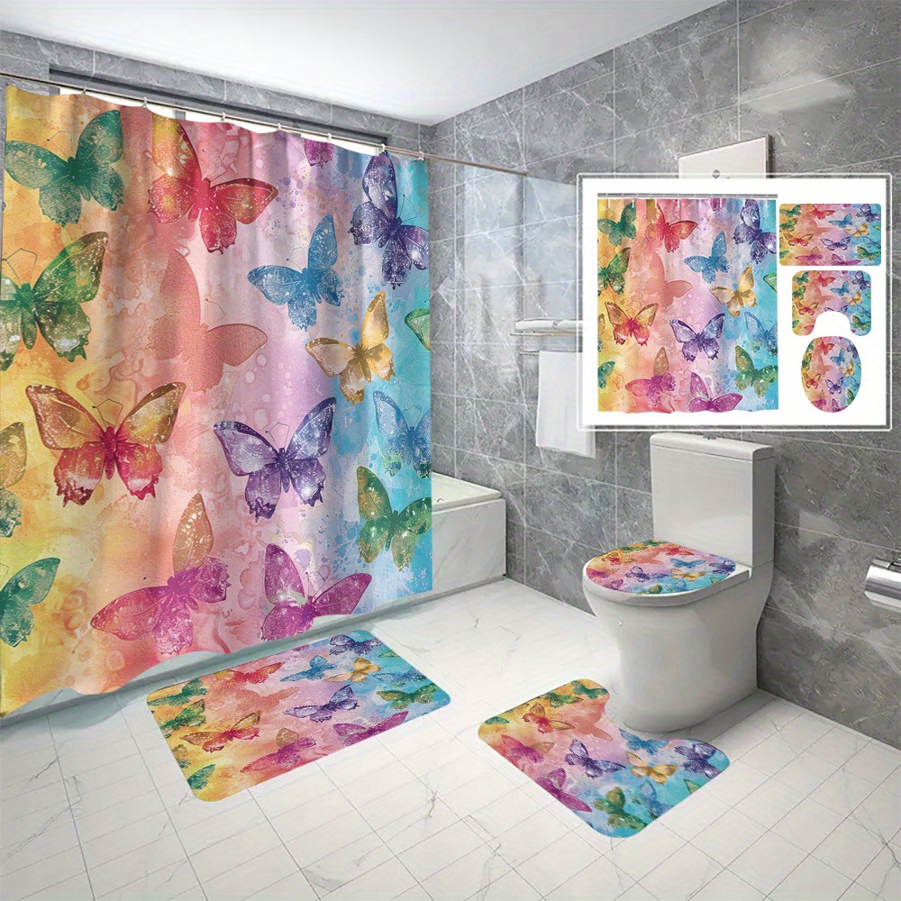 

Water-resistant Polyester Shower Curtain Set With Colorful Butterfly Print - 4-piece Knit Weave Bathroom Decor Set Includes Cartoon Themed Curtain, Non-slip Rugs, Hooks, Machine Washable