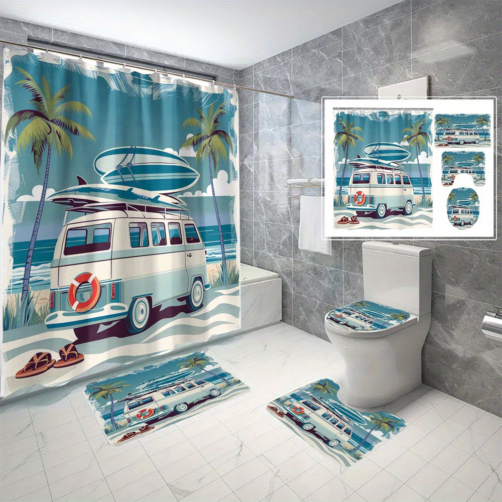 

4pcs Beach Van Pattern Shower Curtain Set With Hooks, Waterproof Shower Curtain, Toilet Cover Mat, Non-slip Bathroom Rug, U-shaped Bath Mat, Bathroom Decor Accessories