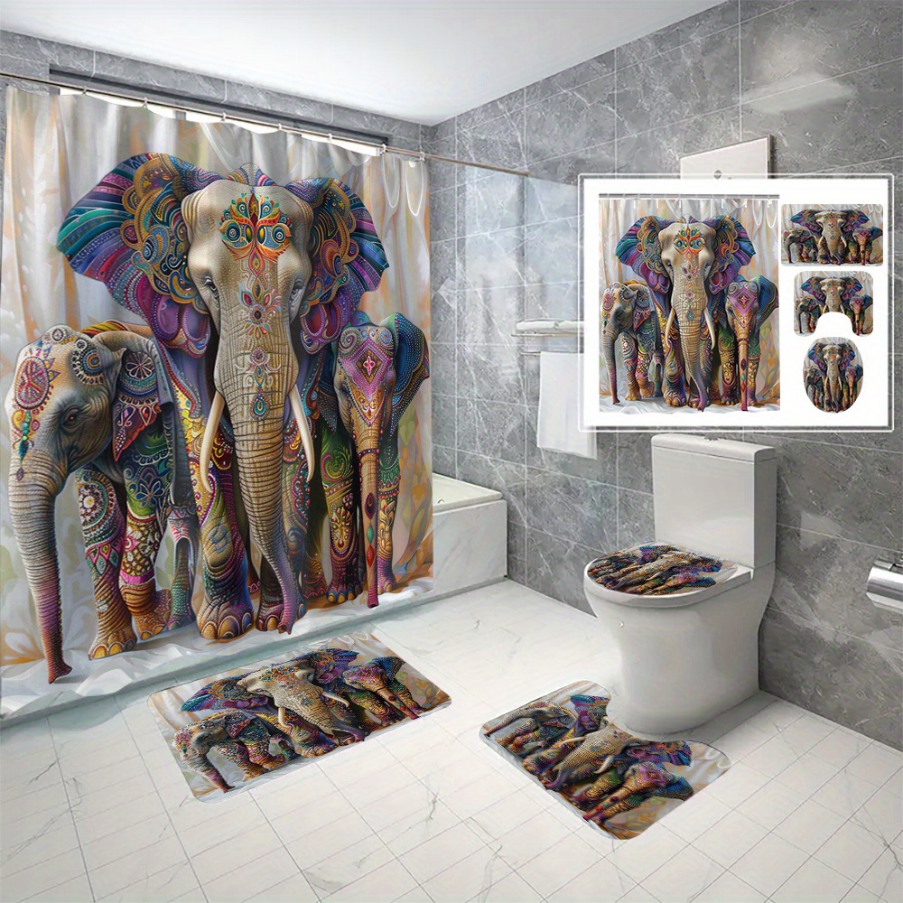 

4-piece Elephant Shower Curtain Set With 12 C-type Hooks, Water-resistant Polyester Fabric, Animal Themed Cartoon Knit Weave, Machine Washable, All-season Bathroom Decor