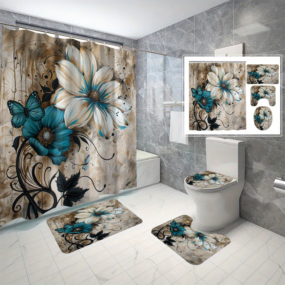 

4pcs Floral Bathroom Set, White And Teal Botanical Print, Digital Print Shower Curtain, 180cmx180cm With 12 C-type Hooks, No Drilling Required, Includes Non-slip Bath Mats, Toilet Cover