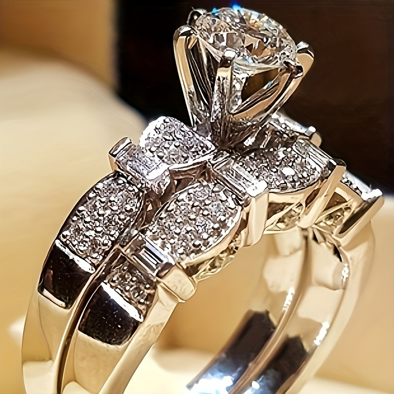 

2pcs Glamorous Stacking Rings Paved Shining Zirconia Symbol Of Luxury And Nobility Engagement/ Wedding Ring Dupes Luxury Jewelry