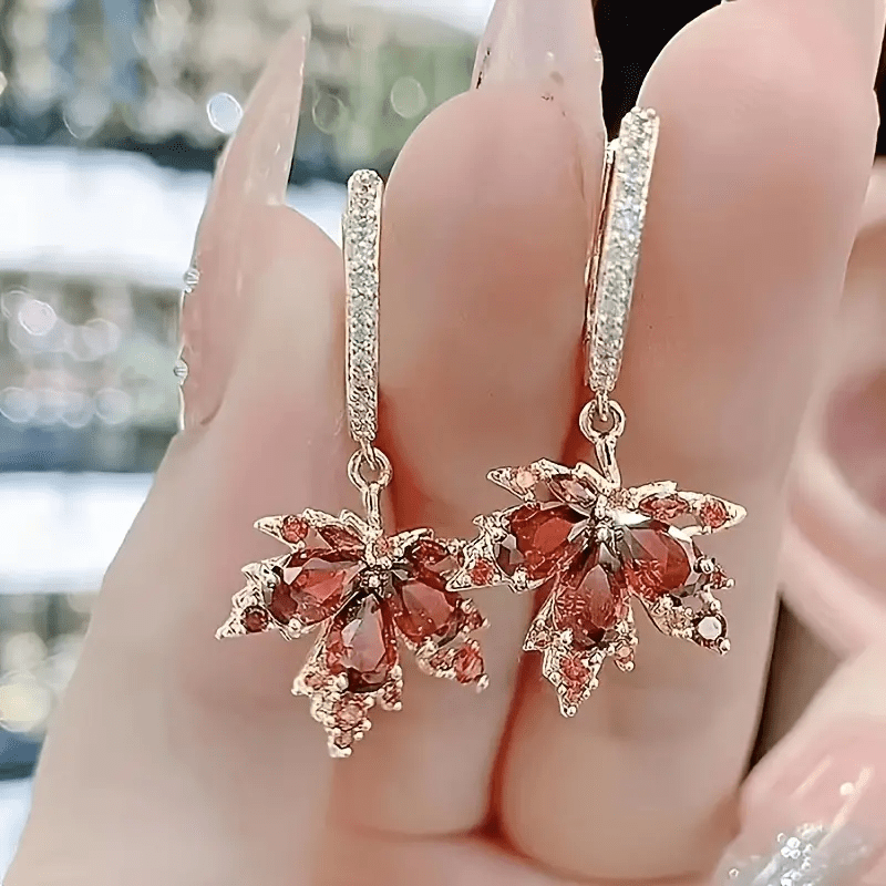 

Exquisite Maple Leaf Design Shiny Zircon Inlaid Dangle Earrings Bohemian Elegant Style Delicate Female Earrings