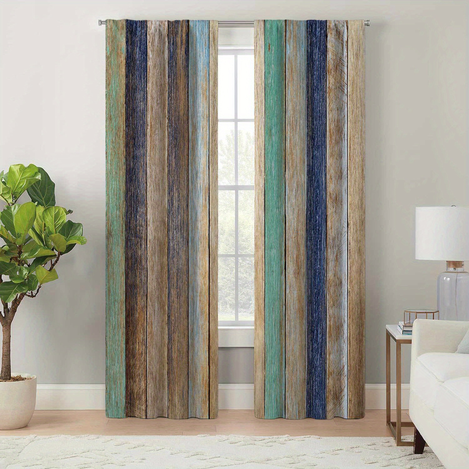 

Elegant Colorful Wood Grain Print Doorway Curtains, Jacquard Pastoral Theme Polyester Curtain Set With Tie Back For Living Room, Boho Style, , Machine Washable, Durable And Easy To Hang