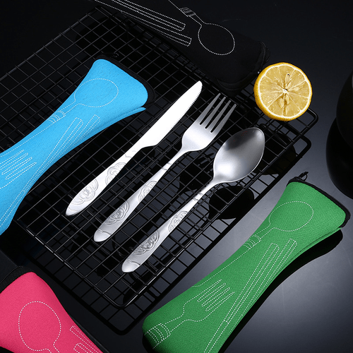 3pcs set of cutlery portable printed stainless steel spoon fork steak knife set outdoor travel rv stainless steel cutlery bag ideal for outdoor and rv carrying