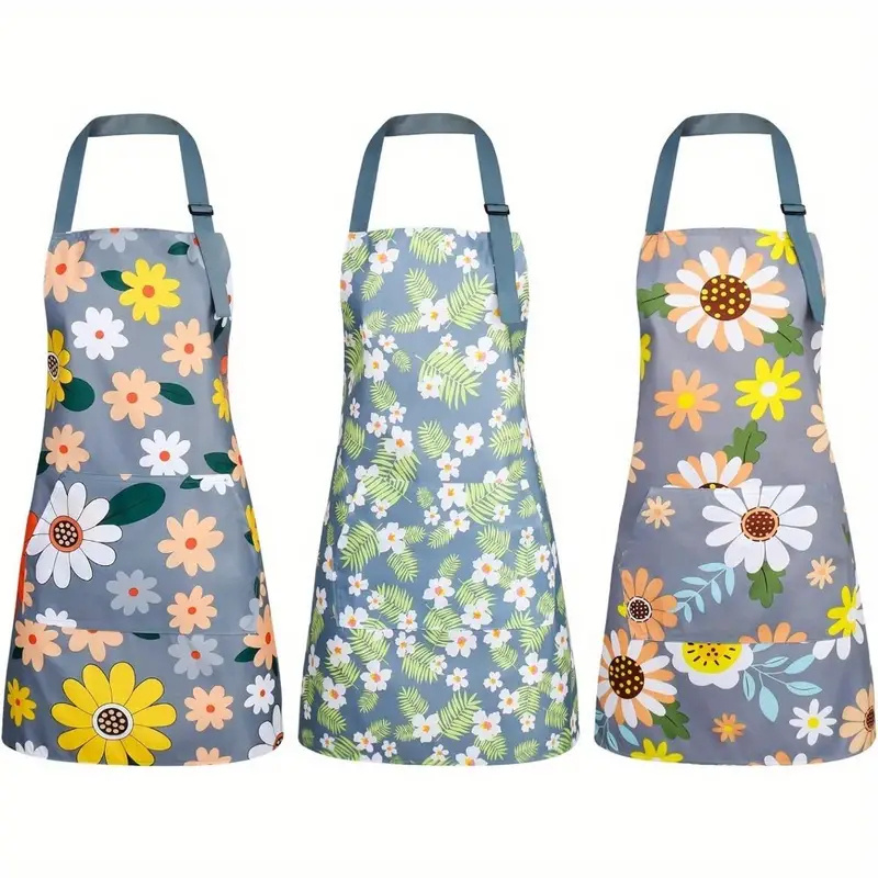 

3pcs Waterproof Polyester Floral Aprons With Adjustable Neck Strap And Large Pocket For Women - Woven Cooking, Gardening, And Salon Aprons