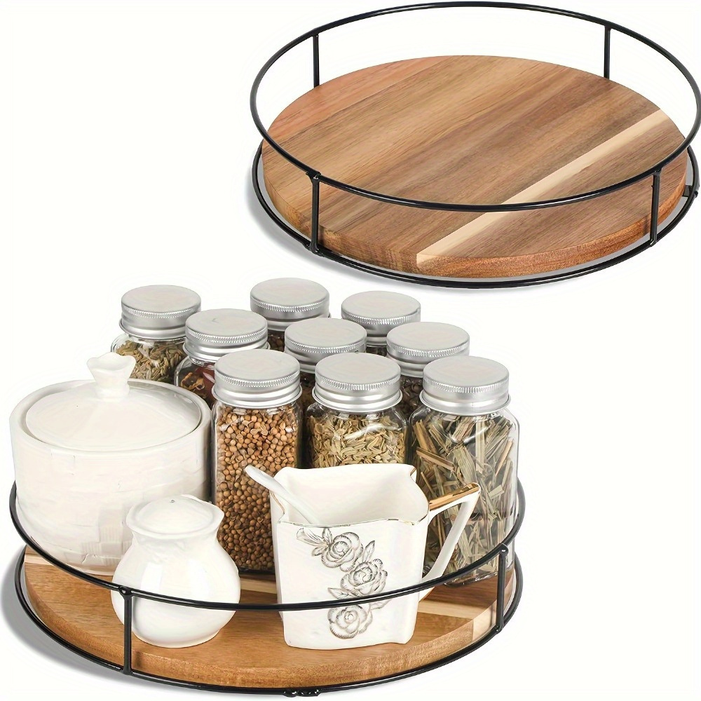 

Wooden Rotating Spice Rack Organizer - 1pc Vintage Lazy Susan Turntable For Countertop - Multipurpose Wood Floating Shelf Caddy For Kitchen, Office, Makeup & School Supplies Storage