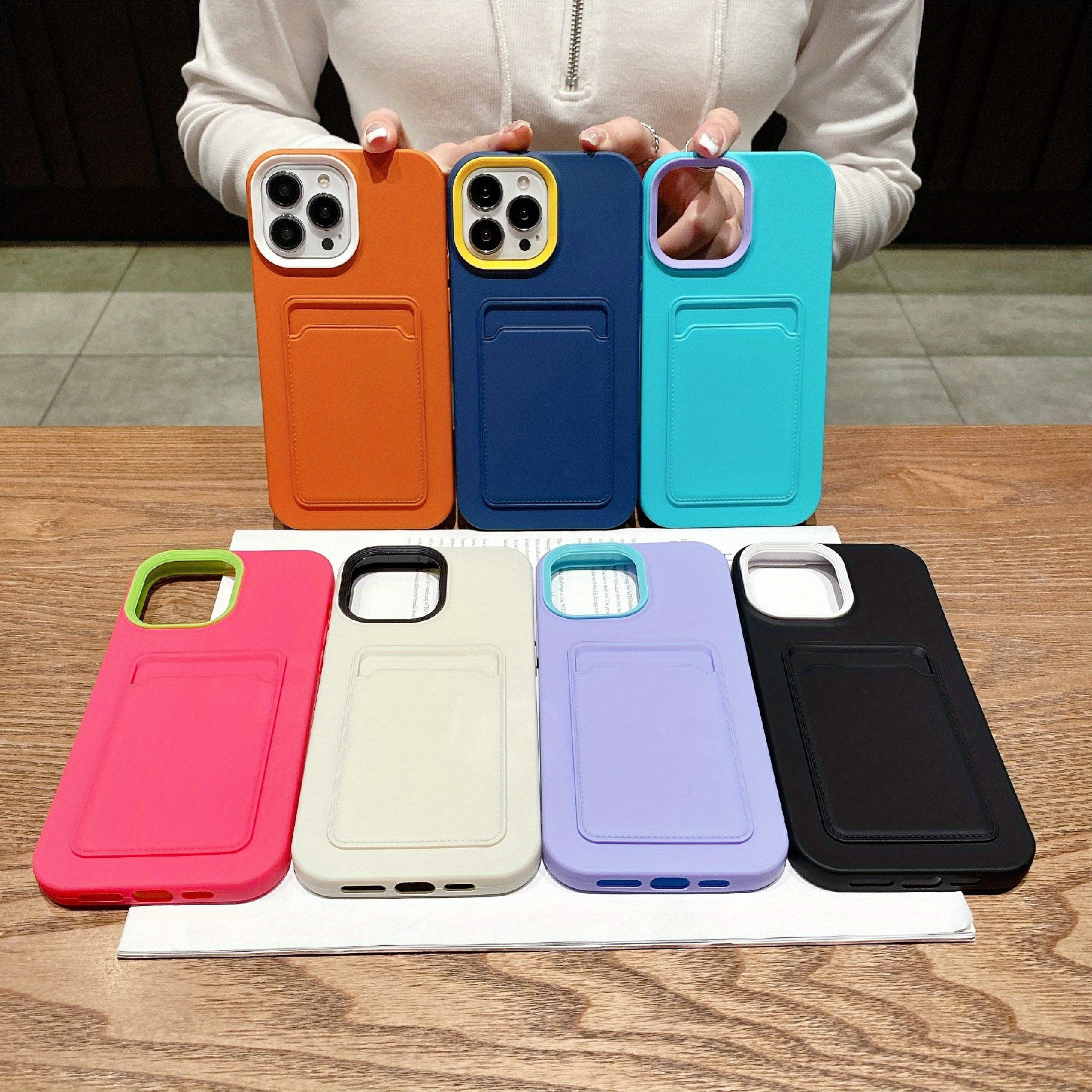 

Tpu Liquid Skin Texture Card Holder Case For 15, 14, 13, 12, 11, Plus, Pro Max - Street Style Fashion Protective Cover With Anti-slip Grip, Shockproof And Full Coverage Design - 7 Colors Available