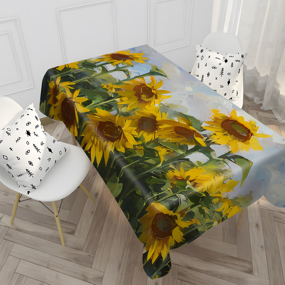 

Rectangle Sunflower Tablecloth - Polyester Waterproof And Oil-proof Woven Machine Made Dining Table Cover - 1pc Realistic Sunflower Design Table Mat For Picnic And Desk Use