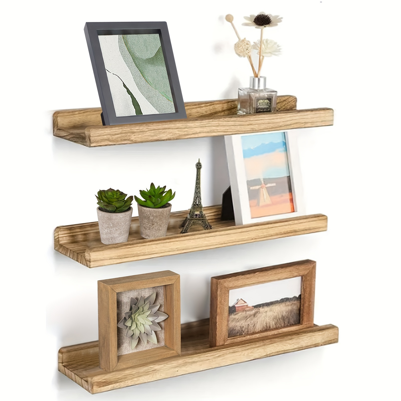 

Rustic Wood Wall Shelves: 2/3 Pieces For Storage In Bedroom, Living Room, Bathroom, Office, And More - Shades Of Light Brown