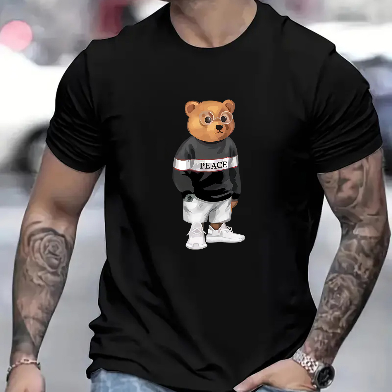 

Super Cool Bear Wearing Clothing Pattern, Men's Round Neck Short Sleeve Fashion Regular Fit T-shirt For Spring Summer Holiday