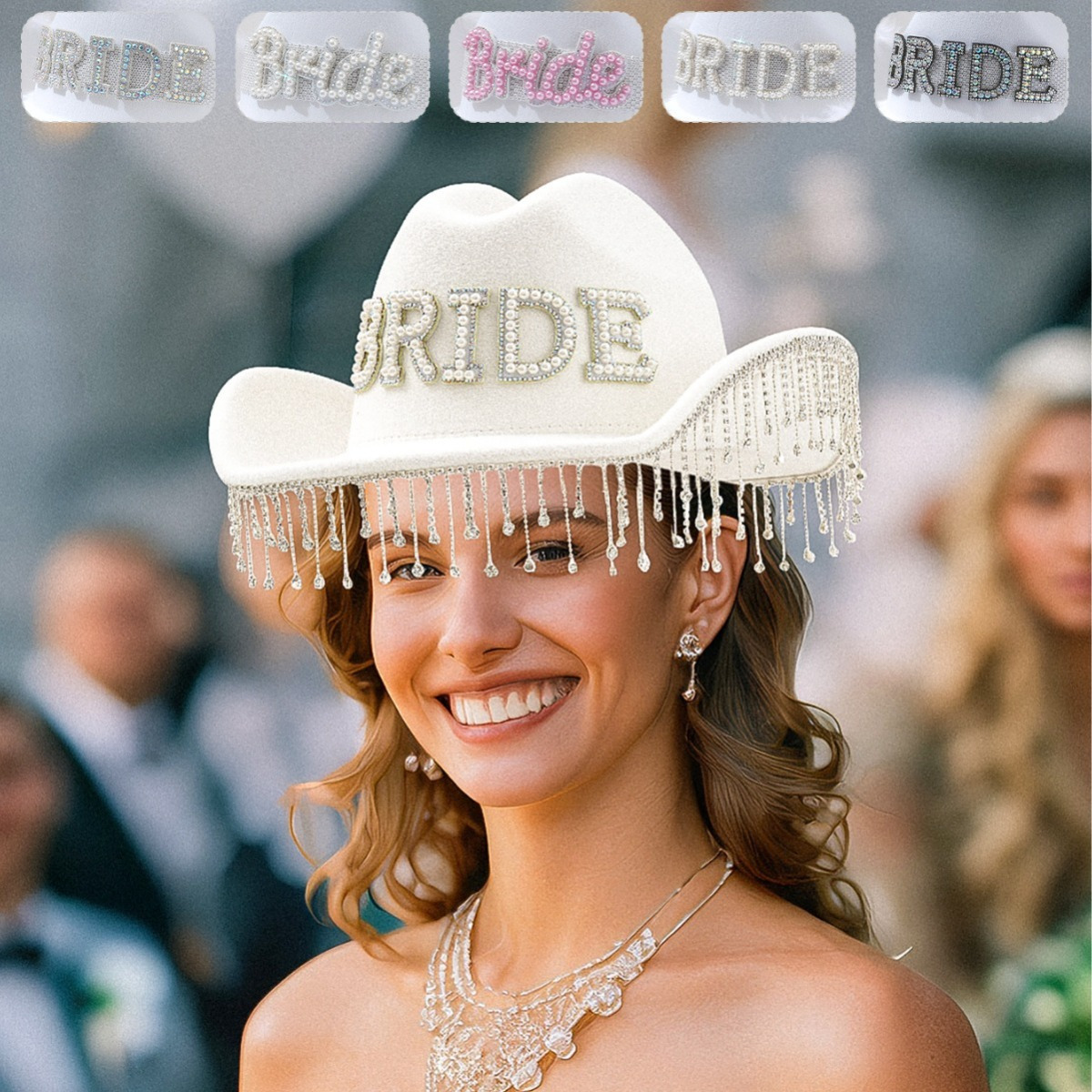 

White "bride" Rhinestone Cowboy Hat With Fringe, Luxurious Faux Pearl Accents, Western Themed Wedding Felt Hat For Bridal Bachelorette Party Festive Occasions
