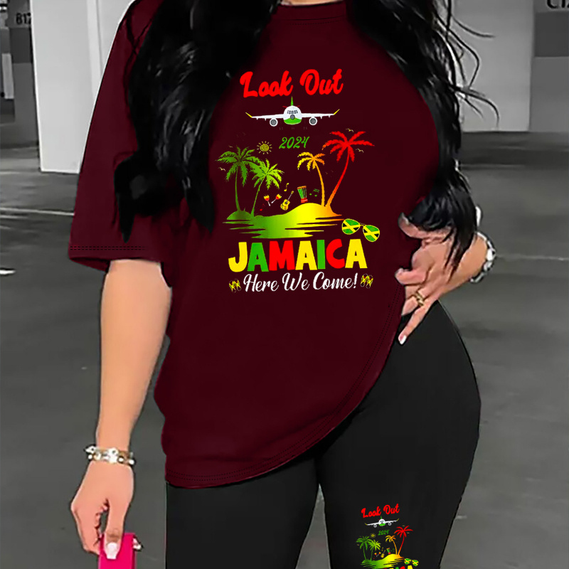 

Plus Size Jamaica Print Two-piece Set, Crew Neck Short Sleeve Top & Skinny Shorts Outfits, Women's Plus Size Clothing