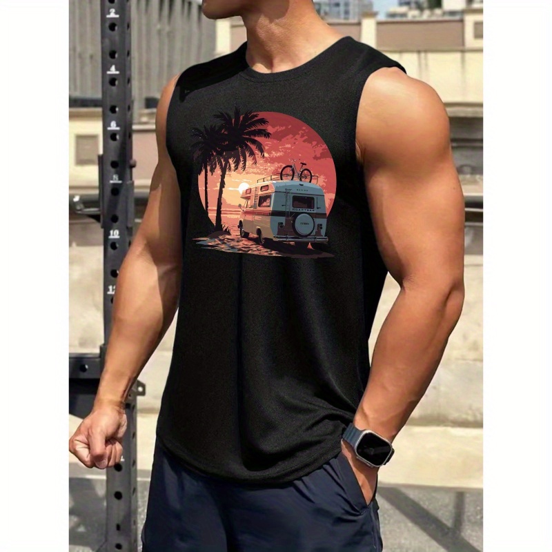

Touring Car Graphic Print Men's Crew Neck Sleeveless T-shirt, Summer Trendy Tank Top, Casual Comfy Breathable Top For Outdoor Sports & Beach Holiday