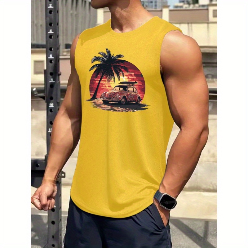 

Sunset Coconut Tree Car Graphic Print Men's Crew Neck Sleeveless T-shirt, Summer Trendy Tank Top, Casual Comfy Breathable Top For Outdoor Sports & Leisure Vacation