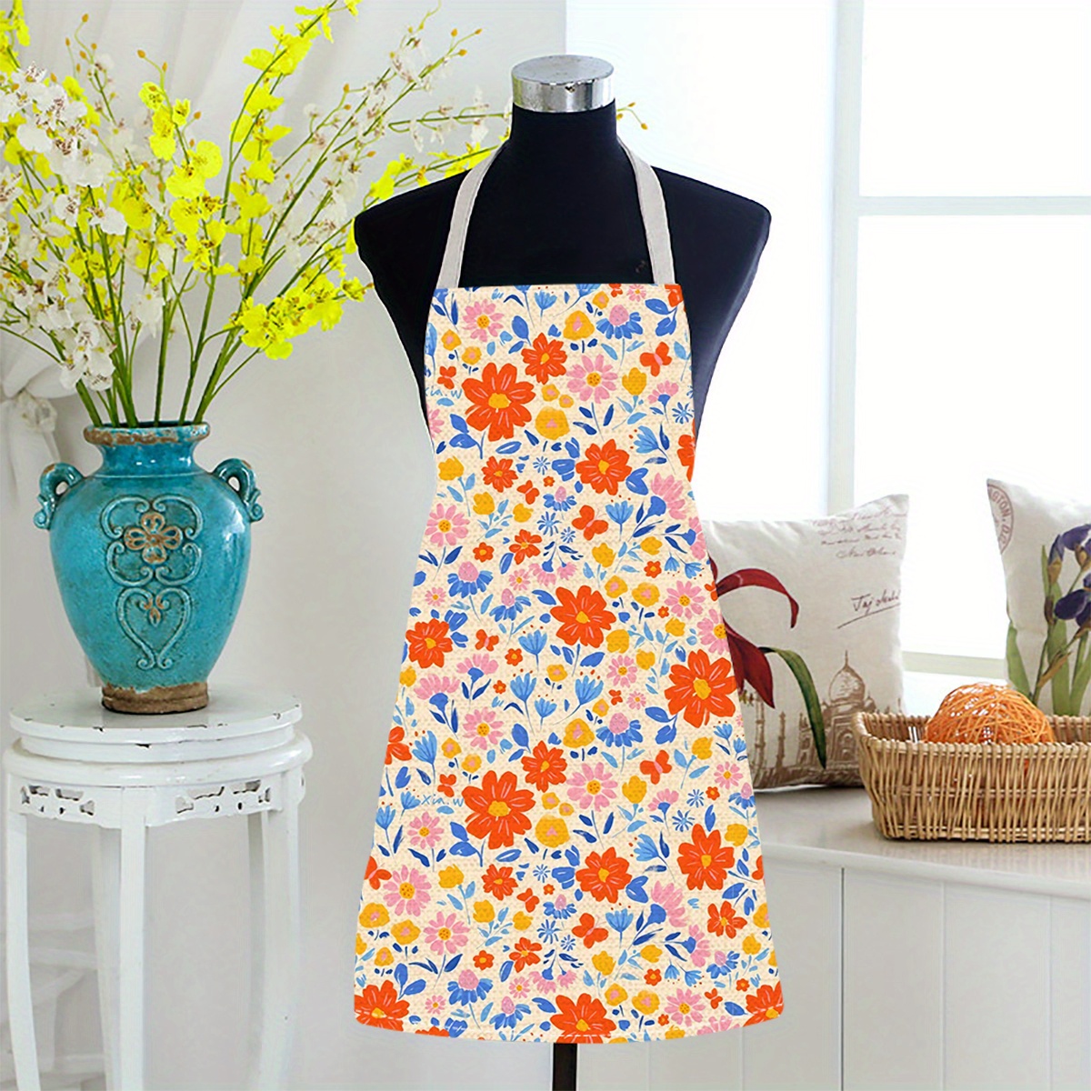 

Vibrant Floral Kitchen Apron - 68cm/26.77in X 55cm/21.65in - Chef's Uniform, Home Kitchen Cover, Workwear, Oil-resistant, Polyester Material, Serged Fabric