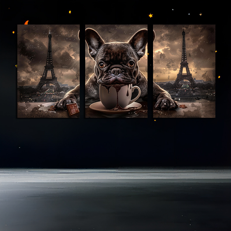 

Ensemble sans cadre de 3 tableaux sur toile de 12x18 pouces (30x45cm) : Bouledogue français adorable avec chocolat et lait, parfait pour la décoration de la chambre ou du salon